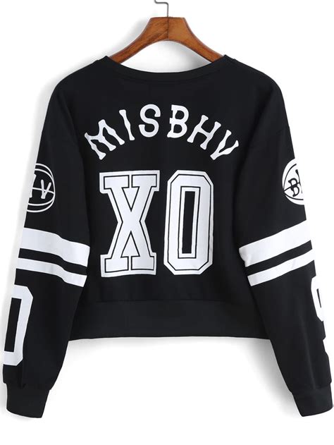 Black Round Neck Letters Print Crop Sweatshirt Shein Sheinside