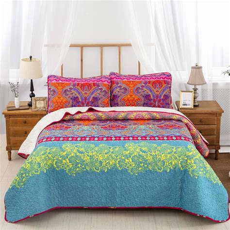 Bohemian Quilt Set Queen Pieces Boho Chic Pattern Printed Bedding