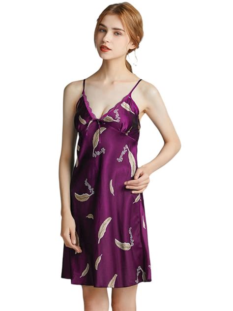 Efinny Women Sleepwear Sexy Lingerie Nightgown Lace Chemise Satin Slip