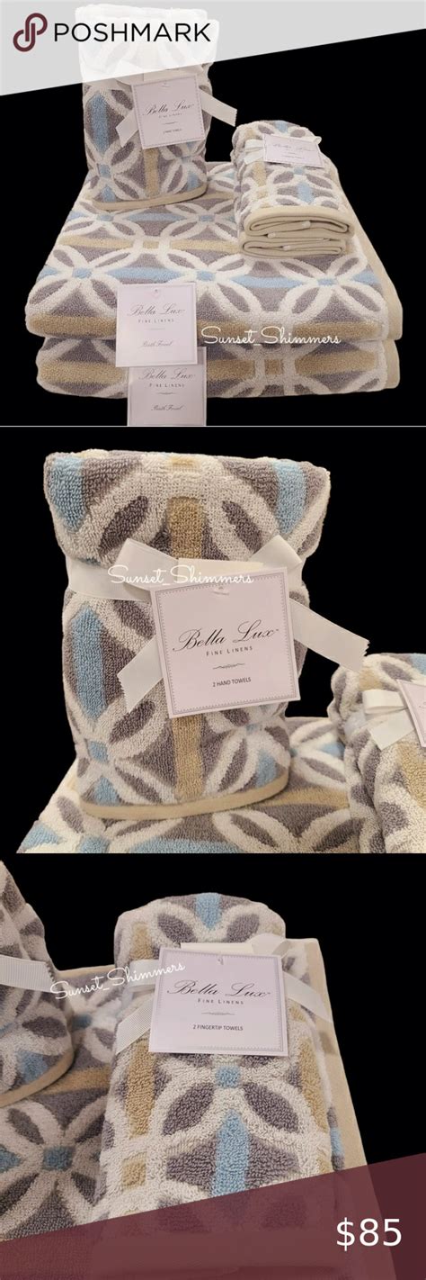 6pc Bella Lux Fine Linens Bath Hand Tip Towel Set Tan Gray Blue And White