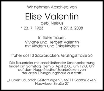 Traueranzeigen Von Elise Valentin Saarbruecker Zeitung Trauer De