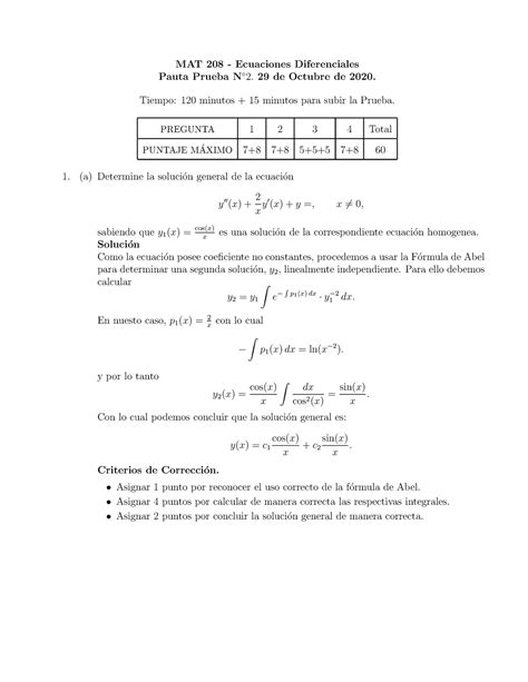 Pauta Prueba 2 ED 2020 2 ASDAD MAT 208 Ecuaciones Diferenciales