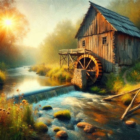 An Abandoned Wooden Water Mill On A Shallow River Stock Illustration