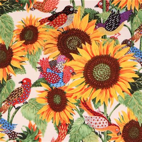 Cream Los Cabos Sunflower Bird Animal Fabric Elizabeths Studio From