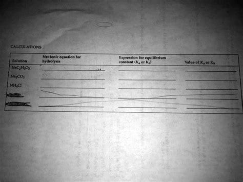 Solved Calculations Net Ionic Equation For Hydrolysis Expression For