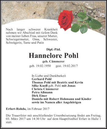 Traueranzeigen Von Hannelore Pohl Trauer In Thueringen De