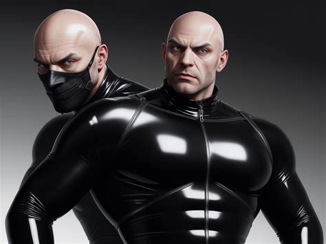 Cartoo Nude Bald Man Bara Wearing A Black Latex Suit All