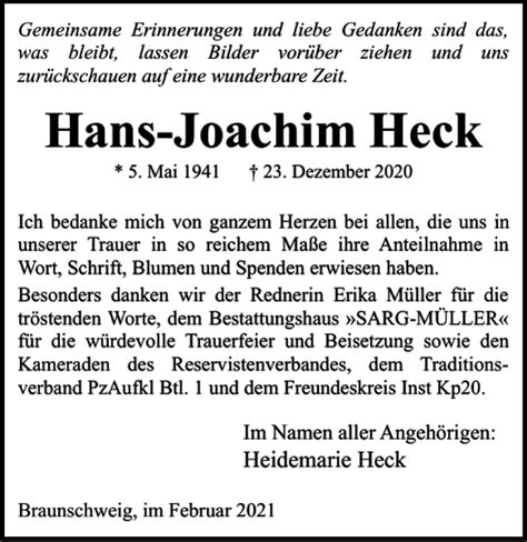 Traueranzeigen Von Hans Joachim Heck Trauer De