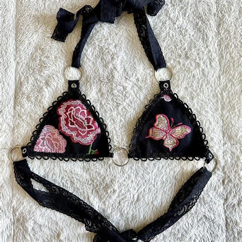 Black And Pink Halter Bikini Top With Lace Details Depop