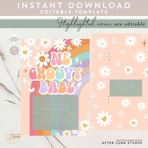 Editable One Groovy Babe Invite Daisy Rainbow Groovy St Birthday Invite Hippie Retro St