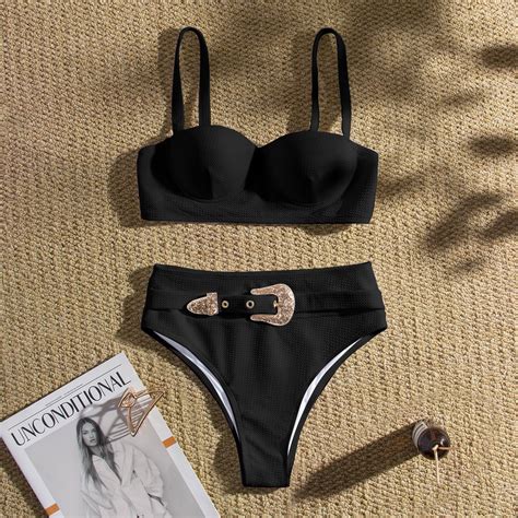 Belt High Waist Bikini Set Solid White Push Up Padded Underwire Swimsuit Buckle Bathers Bathing