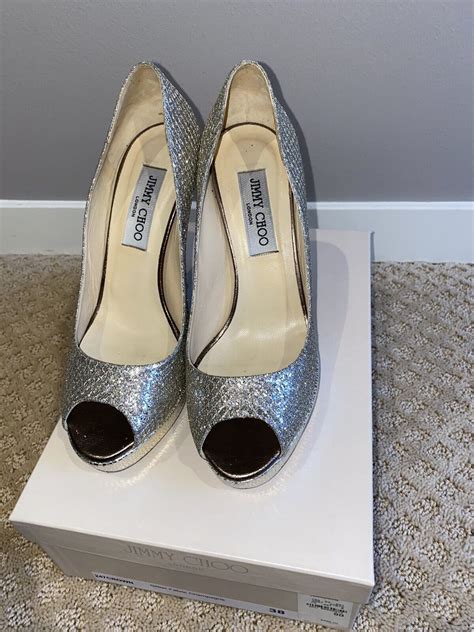 Jimmy Choo Crown Silver Glitter Peep Toe Platform San Gem