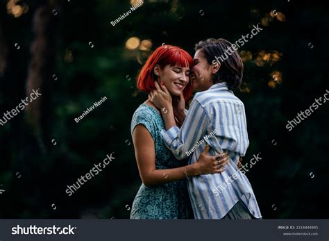 Redhaired Brunette Girl Being Couple Smiling Stock Photo 2216444845 Shutterstock