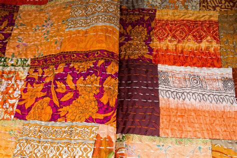 King Size Orange Indian Vintage Silk Patchwork Patola Kantha Quilt At