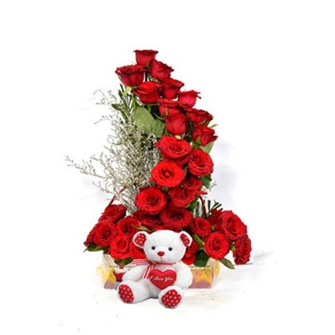 Send Lovely Rose Flower Arrangement With Teddy Bear Online Gal22