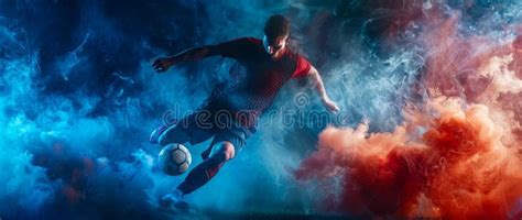 Soccer Football Forward Player Jumping And Attacking The Field For Goal