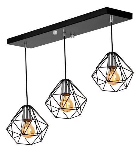 Lustre Pendente Aramado Triplo Base Retangular Preto V V