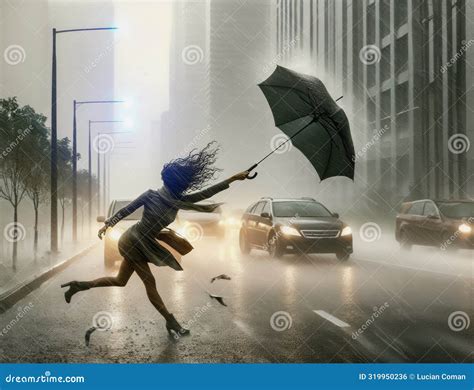 Female Pedestrian Was Struggling In The Rain The Umbrella In Her Hand