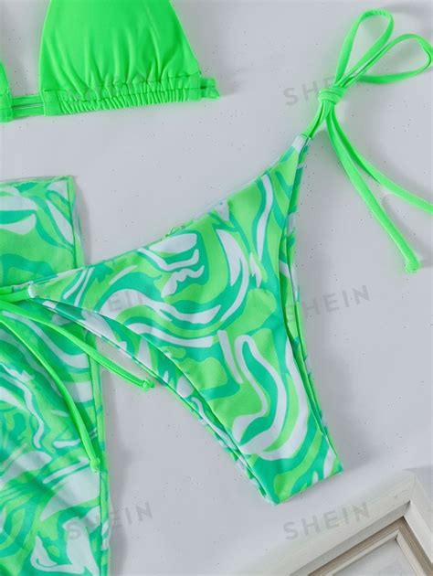 SHEIN X Hangout Fest SHEIN Swim Verão praia halter triângulo neon topo gravata lateral bikini