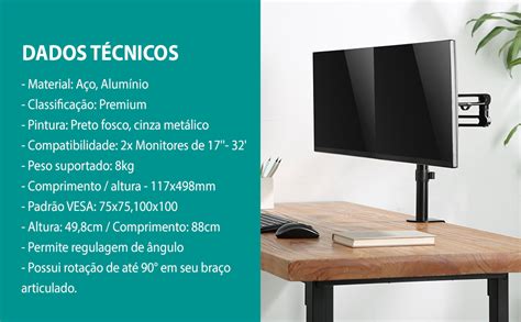 SUPORTE PARA MONITOR DE 17 A 32 ARTICULADO ROTAÇÃO 360 E ORGANIZADOR