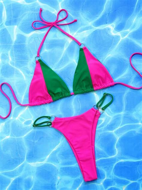 Bikini Triangulaire Ras Du Cou Blocs De Couleurs Lien Anneau Mode