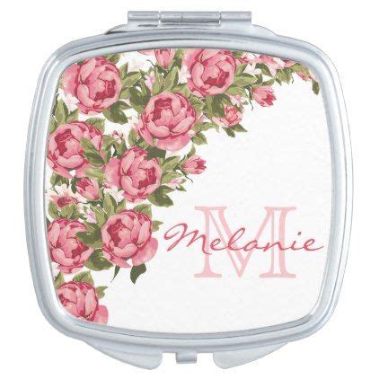 Vintage Blush Pink Roses Peonies Name Monogram Compact Mirror