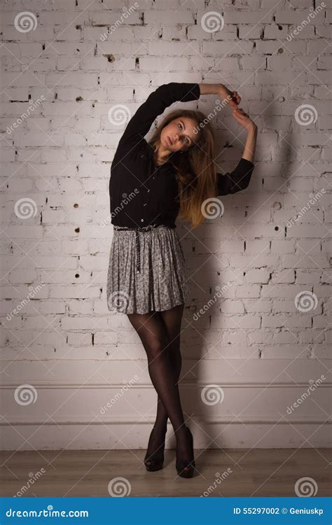 Beautiful Brunette Woman Near The Brick Wall Stock Photo Image Of Face Dress 55297002
