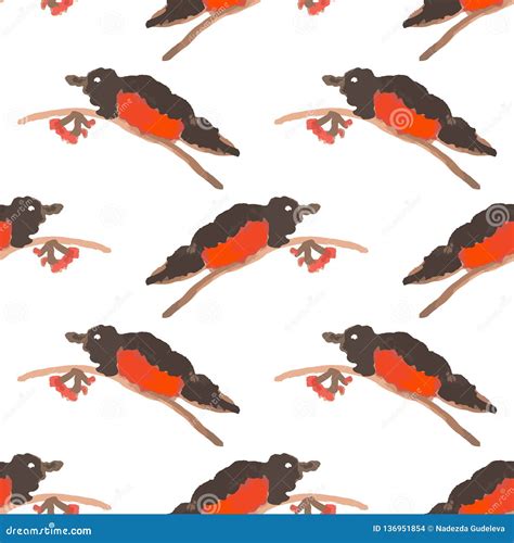 Watercolor Seamless Pattern Of Bullfinch Birds Stock Illustration