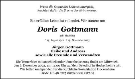 Traueranzeigen Von Doris Gottmann Trauerportal Ihrer Tageszeitung