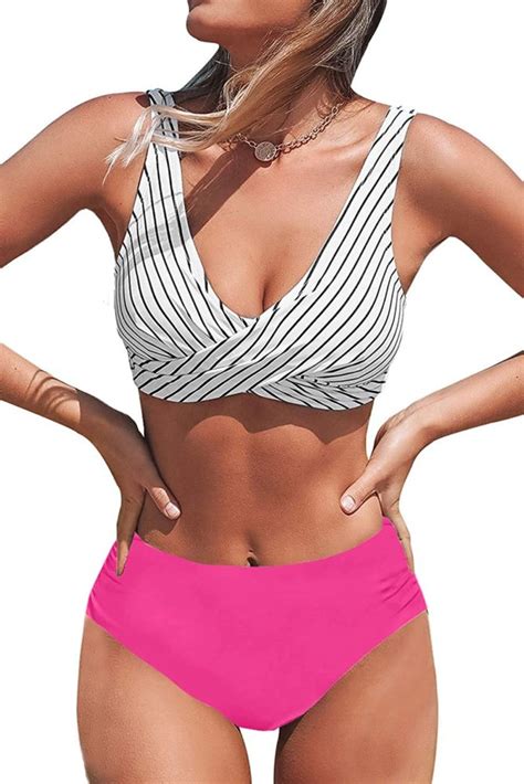 Women High Waisted Bikini Two Piece Tummy Control V Neck Swimsuit Wf