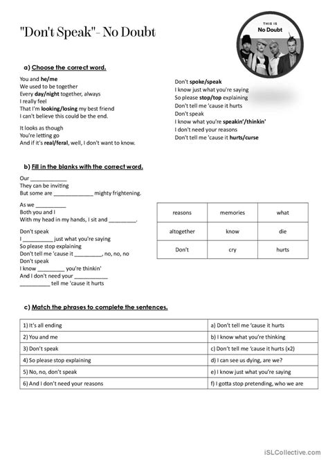 Complete The Lyrics With No Doubt Ge English ESL Worksheets Pdf Doc