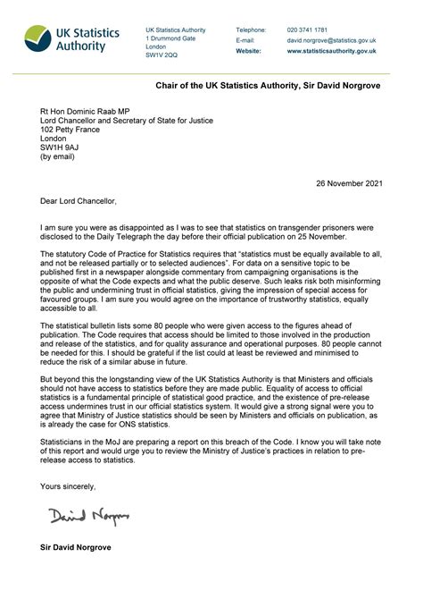 Sir David Norgrove to Dominic Raab – Statistics on transgender