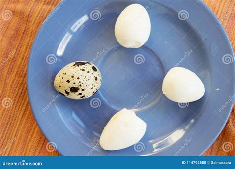 Hard Boiled Quail Eggs Put On A Blue Dish Stock Photo Image Of Flat