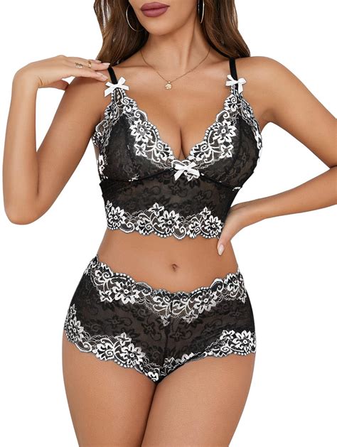 Lilosy Sexy Women Lace Pajamas Lingerie Set High Waist Sheer Sleepwear See Through Nightwear Bow