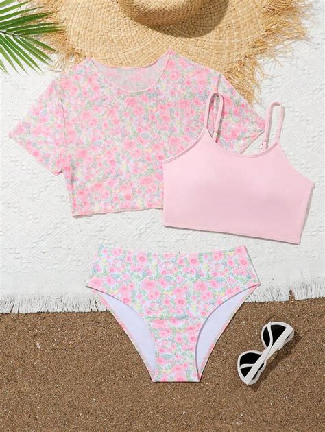 Tween Girl Solid Color Halter Neck Floral Bikini Set With Triangle Bottom And Cover Up Shein Usa