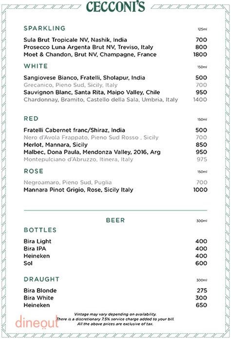 Menu Of Cecconis Santacruz West Mumbai Dineout Discovery