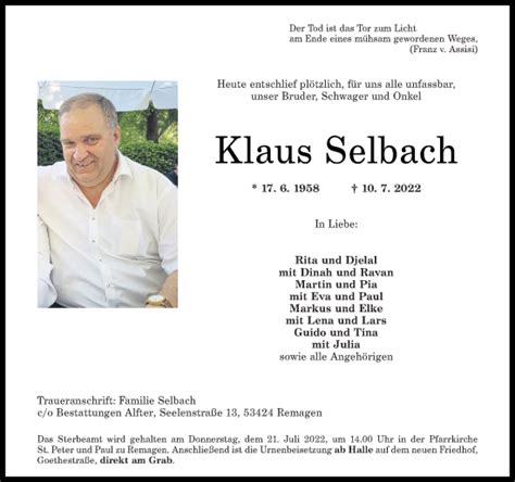 Traueranzeigen Von Klaus Selbach Rz Trauer De