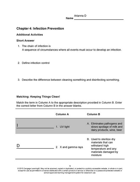 4 Infection Prevention Worksheet 1 © 2015 Cengage Learning® May