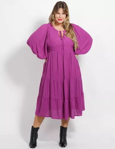 Vestido Midi Poliviscose Liso Roxo Dona Charme Parcelamento Sem Juros