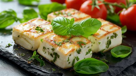 Roasted Slices Of Halloumi Cheese On Wooden Plate With Basil Stock