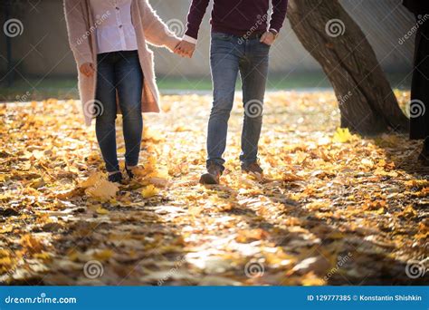 A Cute Young Couple Walking In Autumn Park Holding Hands Stock Image