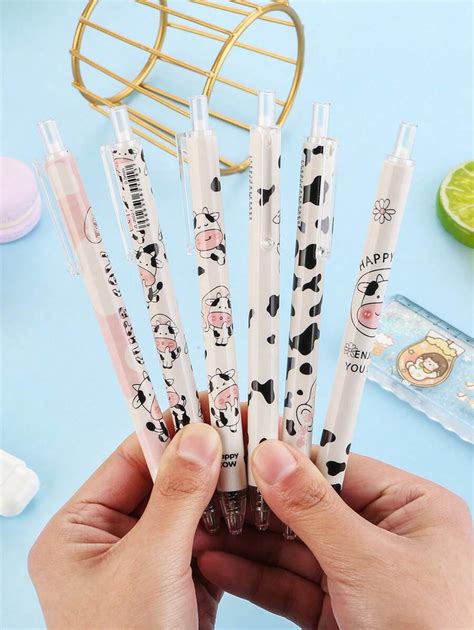 6pcs Mixed Color Cow Design Pressed Ballpoint Pens Cute And High End