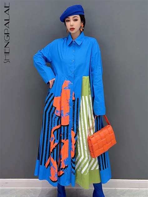 Shengpalae Patchwork Long Slevee Dress Spring Tide Contrasto Color