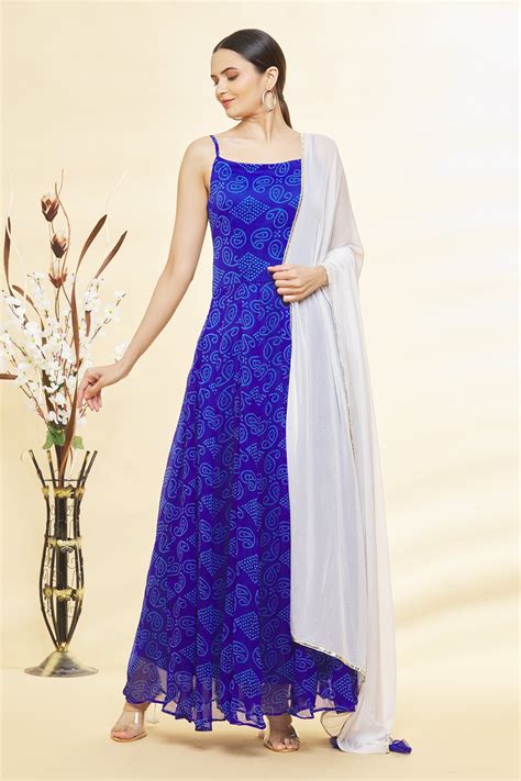 Buy Blue Chiffon Printed Bandhani Square Neck Anarkali With Dupatta For