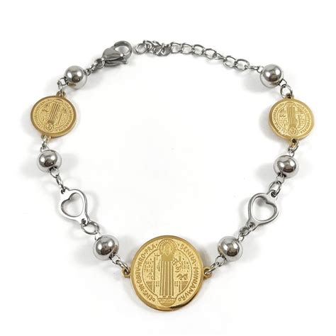 💎 Pulsera En Acero Dorada-Plateada Medalla de San Benito Corazones
