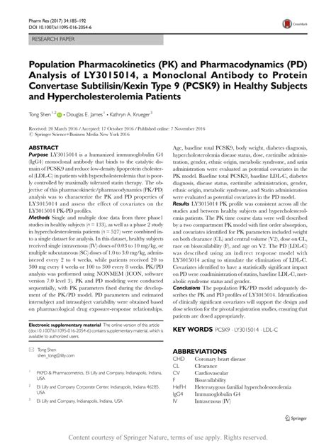 Population Pharmacokinetics Pk And Pharmacodynamics Pd Analysis Of Ly3015014 A Monoclonal