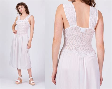Medium S Sheer White Lace Nightgown Vintage V Neck Lingerie Midi Slip Dress Etsy