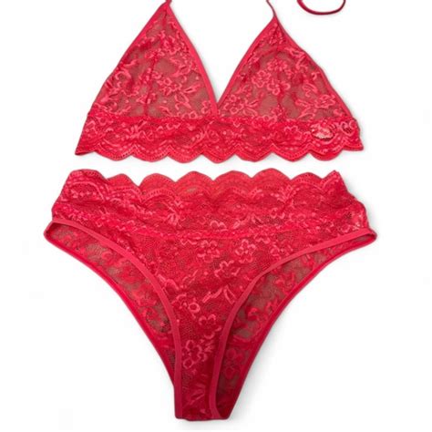 Intimates Sleepwear Hot Pink Floral Lace Scallop Trim Lingerie Set