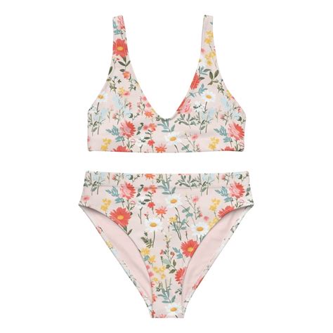 BOHO FLORAL BIKINI Pink Flower Print High Waist Bikini Set Womens Medium Coverage Swimwear Sun