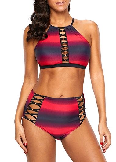 Twist Front Striped Halter Blue Bikini Set Modlily USD 26 59